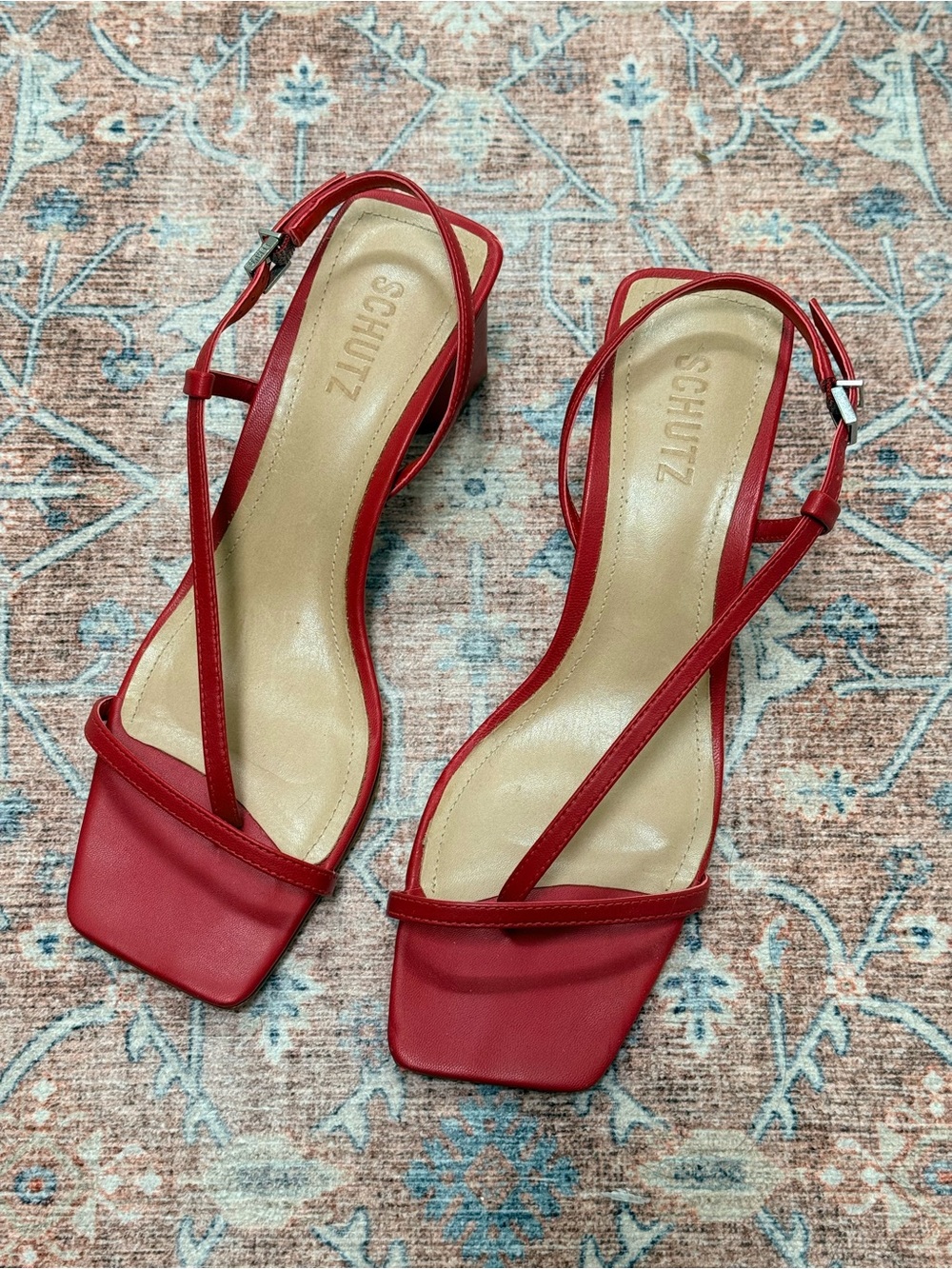 SCHUTZ Red Strappy Square-Toe Heels